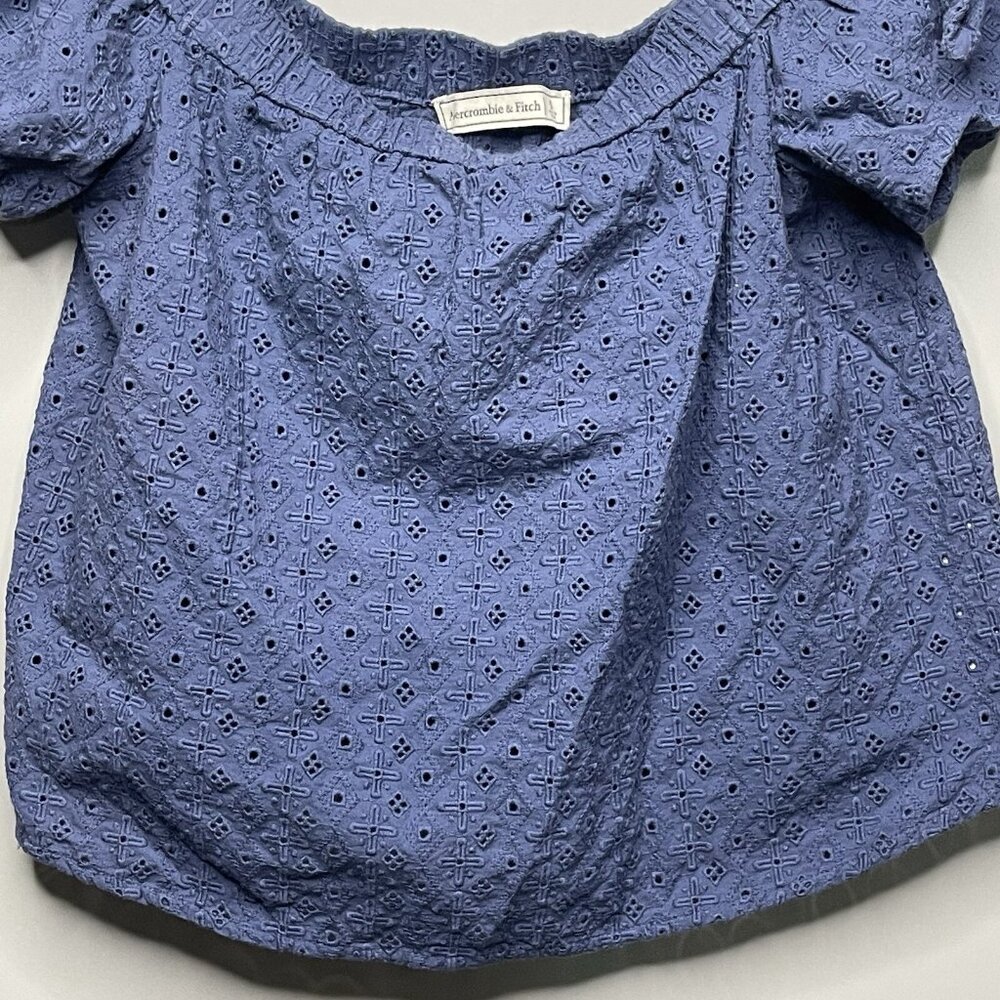 Abercrombie & Fitch Off The Shoulder Blouse Top Womens L Blue Eyelet Boho Casual - Picture 2 of 6